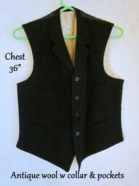 BLACK WOOL VEST, 36" CHEST, REGENCY VICTORIAN EDWARDIAN w POCKETS, FINE & DRESSY